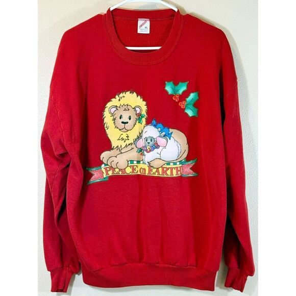 Vintage 90's JERZEES Lion Peace On Earth Christmas Sweatshirt Made in USA XL - Picture 1 of 9